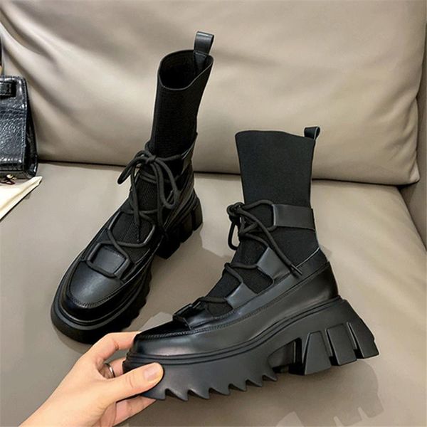 

2020 new women ankle boots slim fit elastic sock boots thick sole platform shoes woman autumn botas mujer ladies flat boot, Black