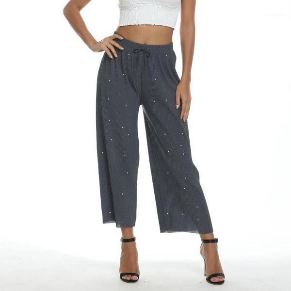 

2020 new shiny wide leg pants women summer casual lady loose chiffon trousers high waist sash pleated full length pant blue gray1, Black;white