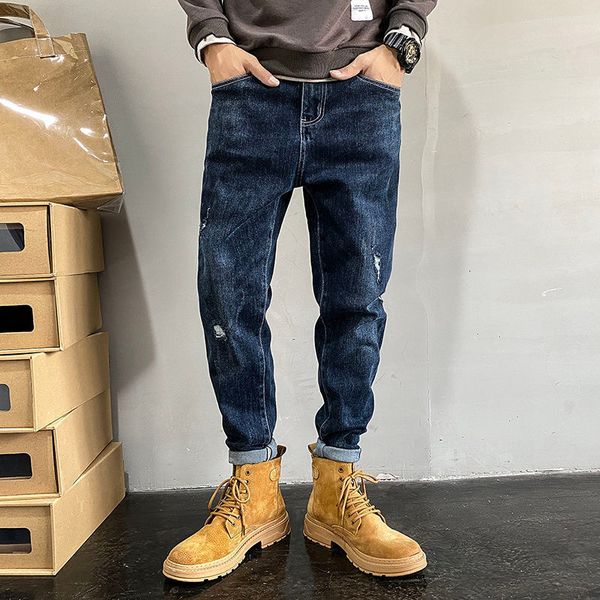 

autumn 2021 new feet loose harem all-match denim torn stretch beautiful black male pants khel, Blue