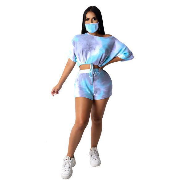 

2 womens tie dye casual sport piece set loungewear with mask cold shoulder short sleeve shorts sets