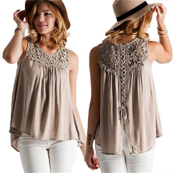 

once women sweet lace sleeveless round neck transparent blouse hollow out short stylish shirts blusas, White