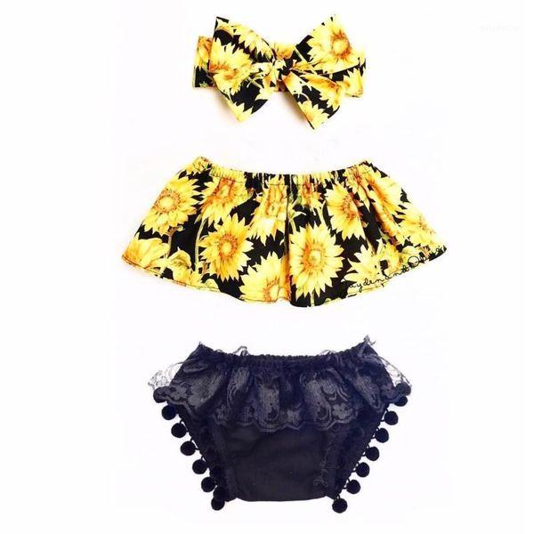 

clothing sets 3pcs born kid baby girl floral clothes sun flowers crop +lace shorte headbands outfits girls sunsuiits1, White