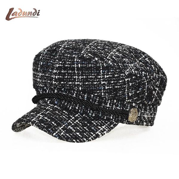 

2020 vintage lace hat winter hat retro beret knit winter thicken warm retro female plaid cap ing, Blue;gray