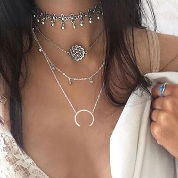 

chains hollow flower moon chokers necklace women antique sliver color multilayer tassel pendant necklaces jewelry accessories, Silver
