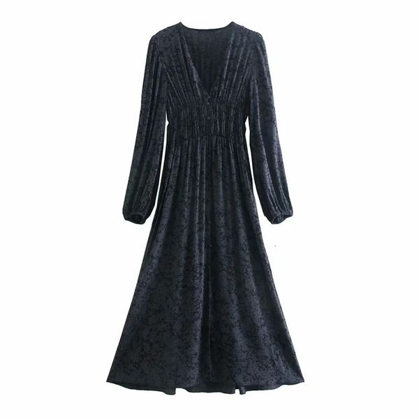 

2021 new black printed women long puff sleeve vintage midi dress woman hem front vent ruched casual dresses ctqm, Black;gray
