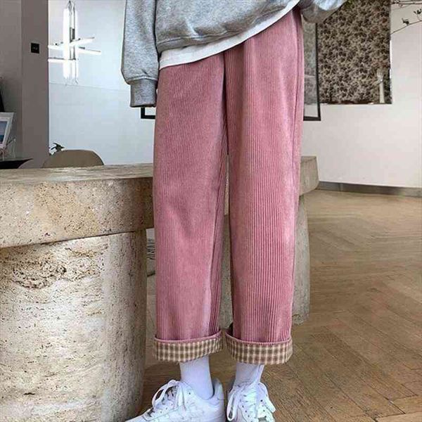 

pink corduroy wide leg pants women autumn winter warm plush pants woman korean high waist loose trousers female, Black;white