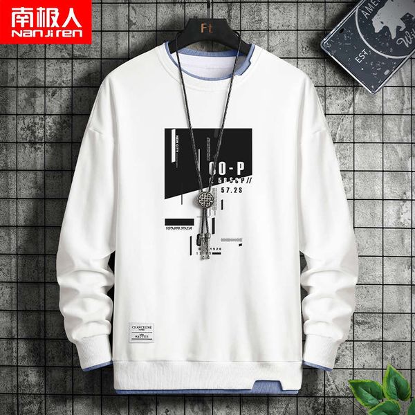 

sweater round neck hoodless korean fashion autumn and winter plush thickened youth men's white fake two-piece top, Black