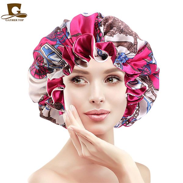 

new large satin linned bonnet sleep cap double-sided reversible satin bonnet hat silky night sleep cover cap ladies hair styling, Blue;gray