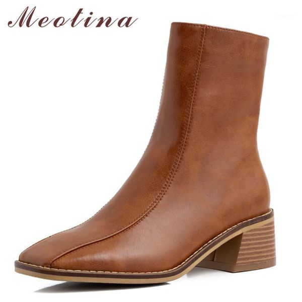 

boots meotina short women shoes real leather high heel ankle square toe block heels zip lady autumn winter brown 401, Black