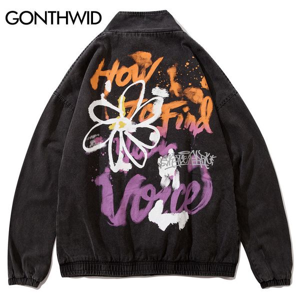 

graffiti daisy print zip up jackets streetwear coats 2020 mens harajuku hip hop casual jakcet coat fashion outwear, Black;brown