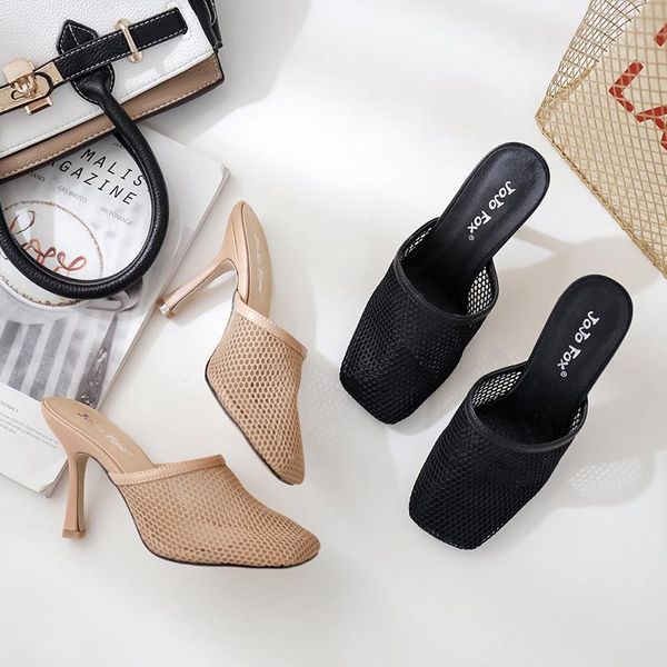 

new hollow breathable mesh woman thin high heels slippers summer vintage square toe sandals mules femme shoes pumps, Black