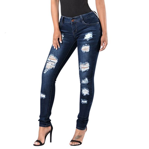 

2021 new black jeans woman high waist fashion button zipper pocket hole pants slim skinny ripped jeans denim casual femme jeans, Blue