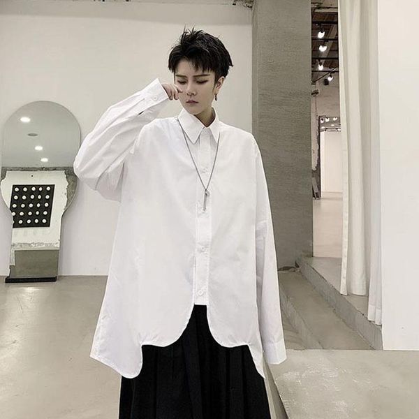 

men's casual shirts men arc hem long sleeve male japan style gothic white black shirt couple hip hop