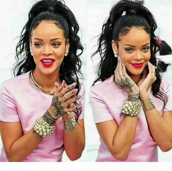 

rihanna clip ponytail hair extensions human curly wavy hairpieces 10-22inch 140g drawsring pony tails women fashion 5 colors, Black