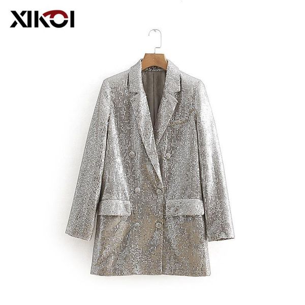 

xikoi new vintage silver blazer pockets notched collar overcoat long sleeve coat outerwear female retro loose casaco feminines, White;black