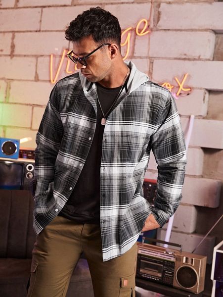 

extended sizes men plaid hooded shirt a7xv#, White;black