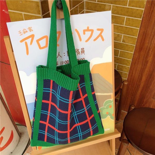 

fashion contrast color women handbags knitting plaid ladies shoulder bags large capacity female designer beach bags casual tote