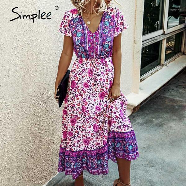 

simplee bohemian v neck floral women summer dress a line button female ruffle sleeve maxi sundress holiday beach lady long dress1, Black;gray
