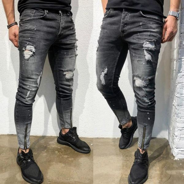 

brand designer slim fit ripped jeans zipper mens distressed denim ripped jeans for men black men skinny trousers1, Blue