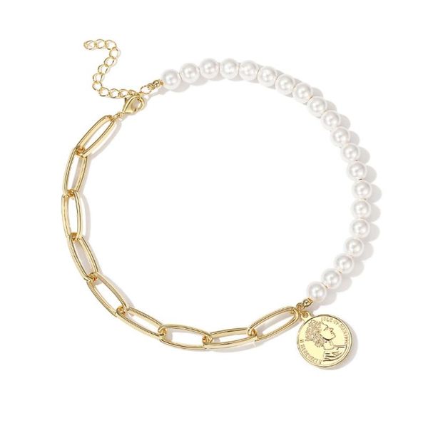 

chains ladies elegant queen pendant necklace white imitation pearl beaded metal chain asymmetry cross necklaces, Silver