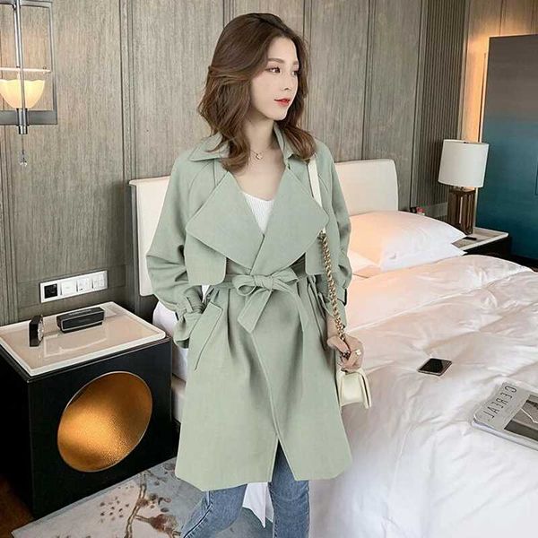 

spring waist women trench coat fashion elegant solid green long overcoat casual korean party women's clothing large size mm60wfy, Tan;black