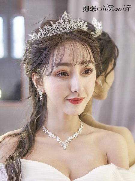

mnew crown bridal korean headdress necklace 2020 earrings three piece white dress wedding accessories k, Silver