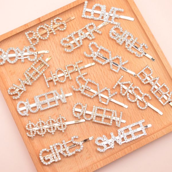 

15 styles silver gold letter word rhinestone crystal hair clip women hair barrette snap hair clips salon hairpin styling accessories