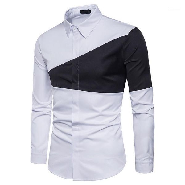 

men's shirt spring new men's lapel long-sleeved shirt two-color triangle stitching fashion daily casual1, White;black