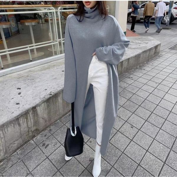 

autumn 2020 white turtleneck knitted sweater dress women korean elegant high waist split sweater dress women1, White;black