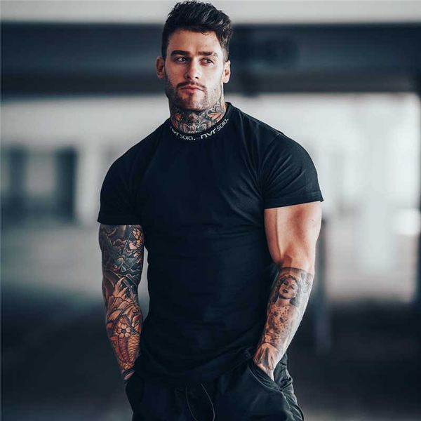 

gym fitness t men running sport t-shirt bodybuilding cotton tee shirt summer male training crossfit clothing, White;black