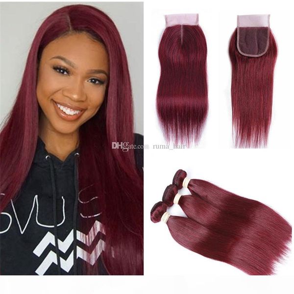 

99j burgundy brazilian straight hair bundles with closure 8a brazilian hair weave bundles virgin hair 3 bundles with 4x4 lace closure, Black;brown