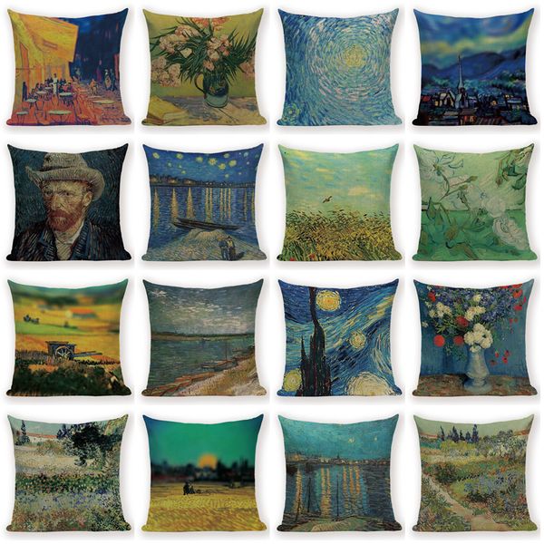 

van gogh oil painting style throw pillow case linen cushion cover 45x45cm pillow case for sofa car chair gift cushions cojines