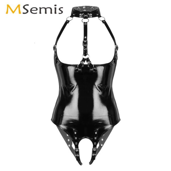 

women femme lingerie porno latex bodysuit sissy cupless open crotch leotard clubwear pole dance wetlook leather catsuit, Black;white