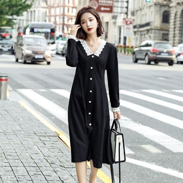 

epbzu knitted dress autumn dress new french long color solid sleeve a-line 2020 skirtaline skirt lace dressmedium length women's v-neck, Black;gray