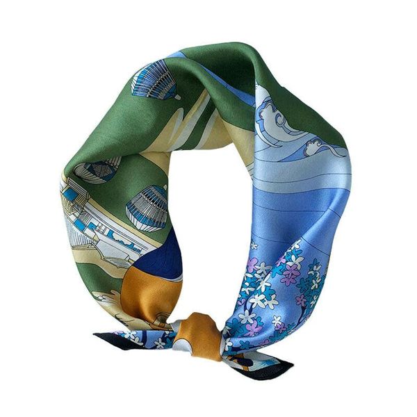 

scarves 100% silk scarf women vintage small kerchief bandana air balloon print neckerchief square headband turban 53*53cm, Blue;gray