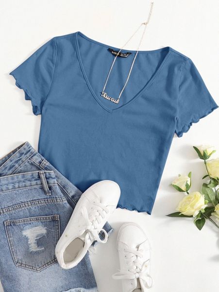 

v-neck lettuce trim v48d#, White