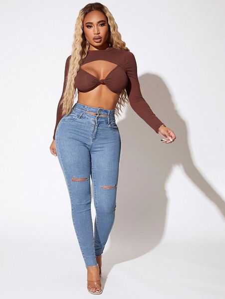 

sxy cut out waist ripped raw hem jeans 33p4#, Blue