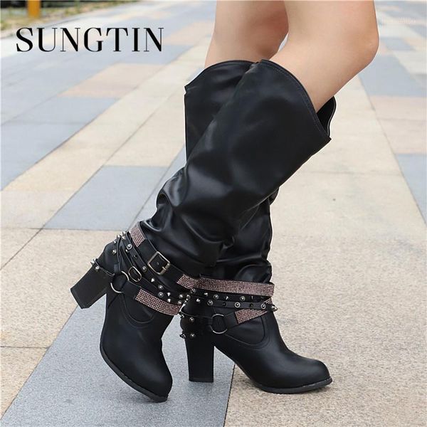 

boots sungtin fashion women knee high winter buckle rivet heel ladies pu leather crystal punk long shoes1, Black
