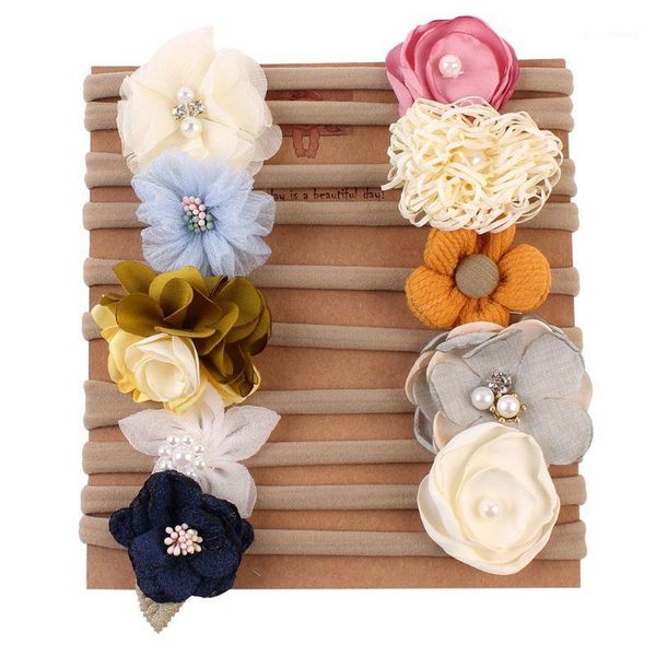 

10 pcs baby girls flower and bows headbands floral head wraps nylon elastic for newborn infant toddlers1, Slivery;white