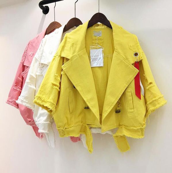 

2019 spring new fashion women's solid color short denim jacket candy color lapel hole ripped ribbon jeans coat loose outwear1, Black;brown