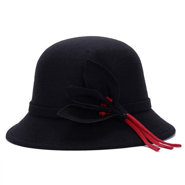 

stingy brim hats europe and american british wind ladies hat autumn winter warm imitation wool felt fashion leaves flowers, Blue;gray