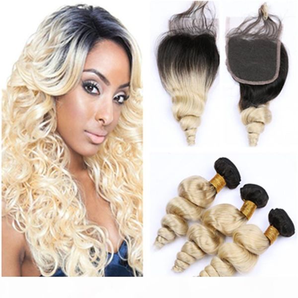 

# 1b 613 blonde ombre сыпучие волна 3bundles бразильский человеческих волос с closure 4шт лот блондинки ombre virgin ткет волос с 4x4 lace c, Black;brown