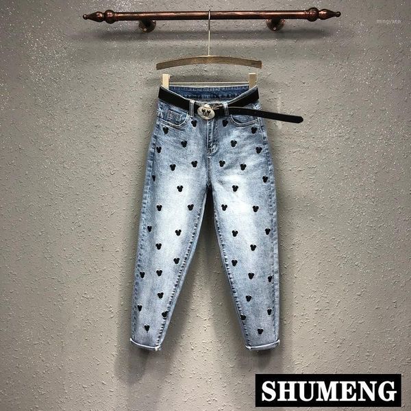 

embroidery jeans pants 2020 spring new women's cartoon pattern denim pants female high-waist harem trousers1, Blue