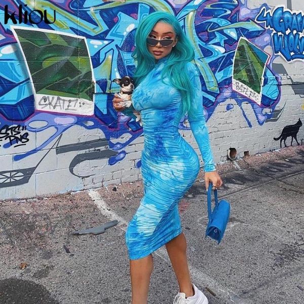 

kliou spring new print turtleneck bodycon midi dress woman 2020 casual high street pleated slim zipper dress mujer1, Black;gray