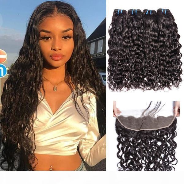 

water wave human hair bundles with lace frontal virgin peruvian 10-30inch water wet and wavy human hair extensions, Black