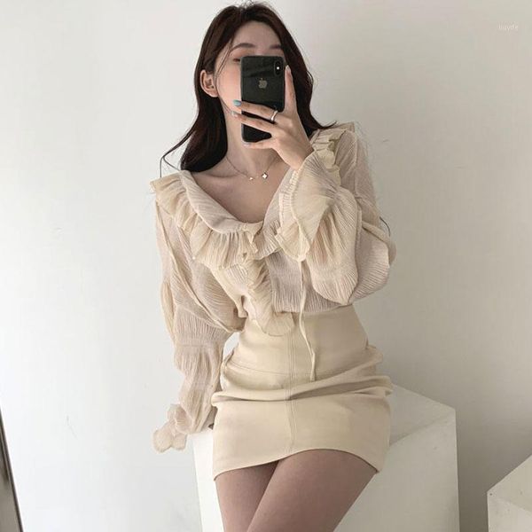 

women summer two piece set korean style chic ulzzang v-neck ruffle trim long sleeve blouse and high waist mini skirt 2 sets1, White