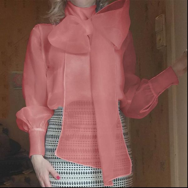 

womens lace blouse ladies long sleeve high neck through blouse 2021 vonda bowknot shirts party blusas femininas 5xl, White