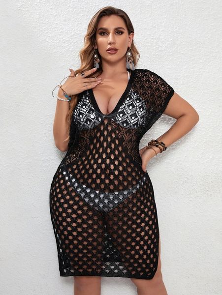 

plus solid split thigh cover up b7fk#, Black