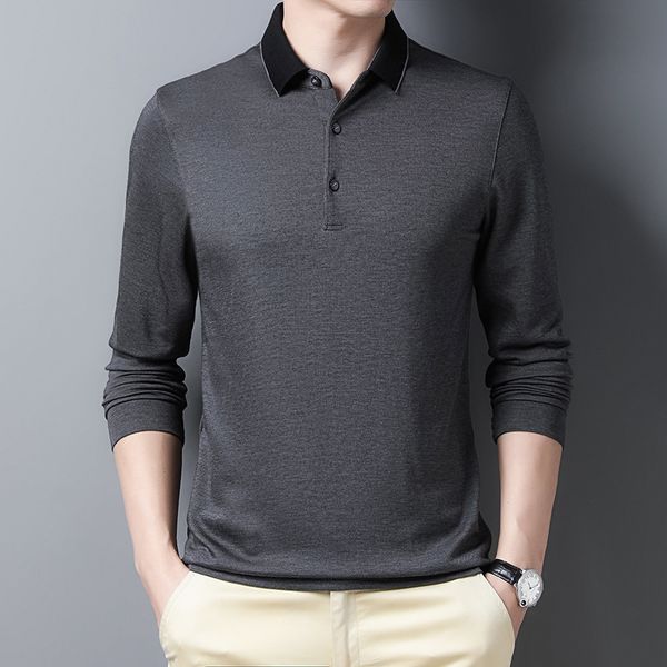 

2021 new respirable from natural silk men's polo long sleeve collar down neck regulate thermal fit pullover shirt mla0, White;black