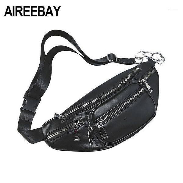 

aireebay black fanny pack female pu leather waist bag for women 2020 new designer chest bag street punk style bum1